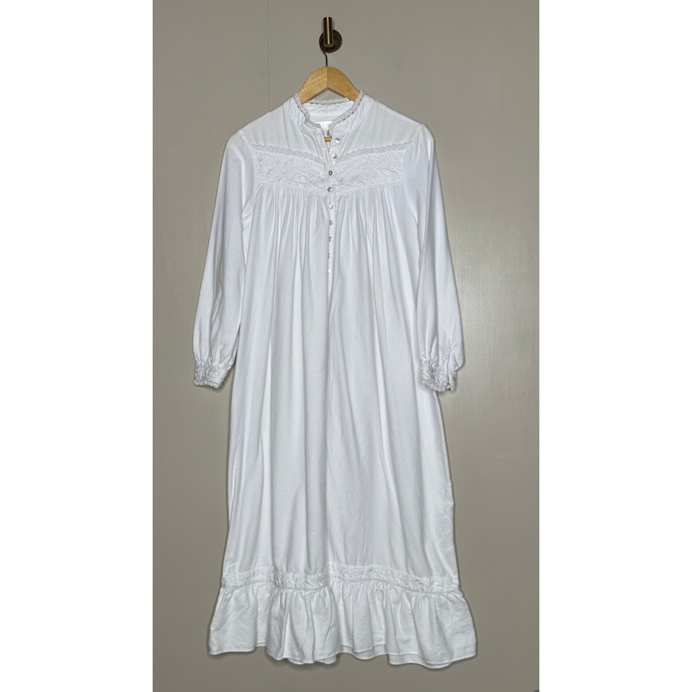 Eileen West White Cotton Embroidered Ruffle Nightgown Cottagecore S